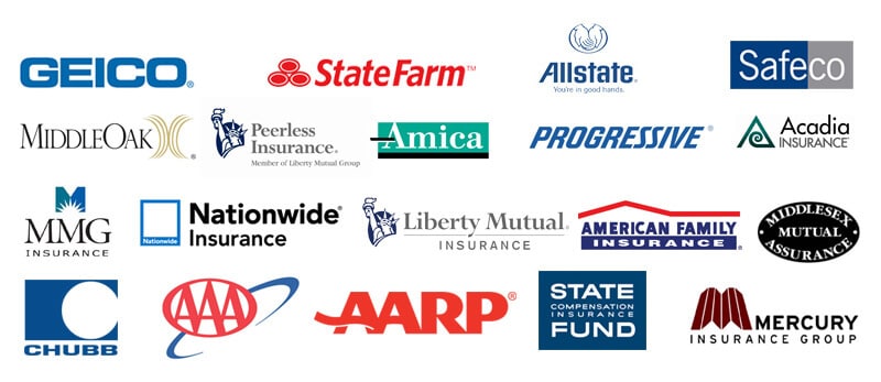 Jarvis Insurance Carriers - Geico, State Farm, AllState, SafeCo, Middle Oak, Peerless Insurance, Amica, Progressive, Acadia Insurance, MMG Insurance, Nationwide Insurance, Liberty Mutual, American Family, Middlesex Mutual Insurance, Chubb, AAA, AARP, State Compensation Insurance Fund, and Mercury Insurance Group